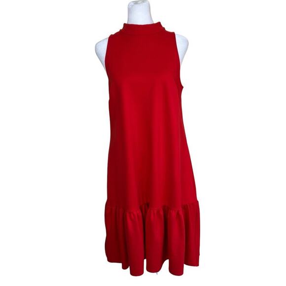Anthropologie Maeve Alissa Swing Dress Red Drop Waist Mock Neck Flounce Sz S - Picture 2 of 16
